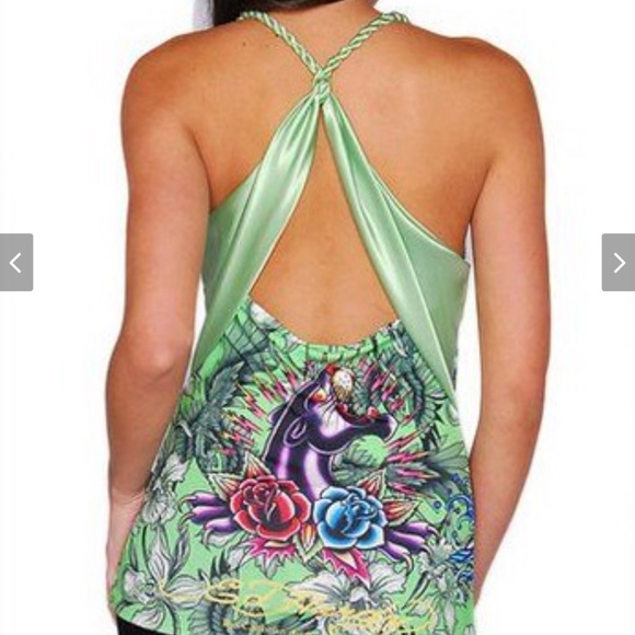 Y2K Christian Audigier Ed Hardy Green Halter Satin Top Open Back Koi Fish MED - Picture 1 of 12